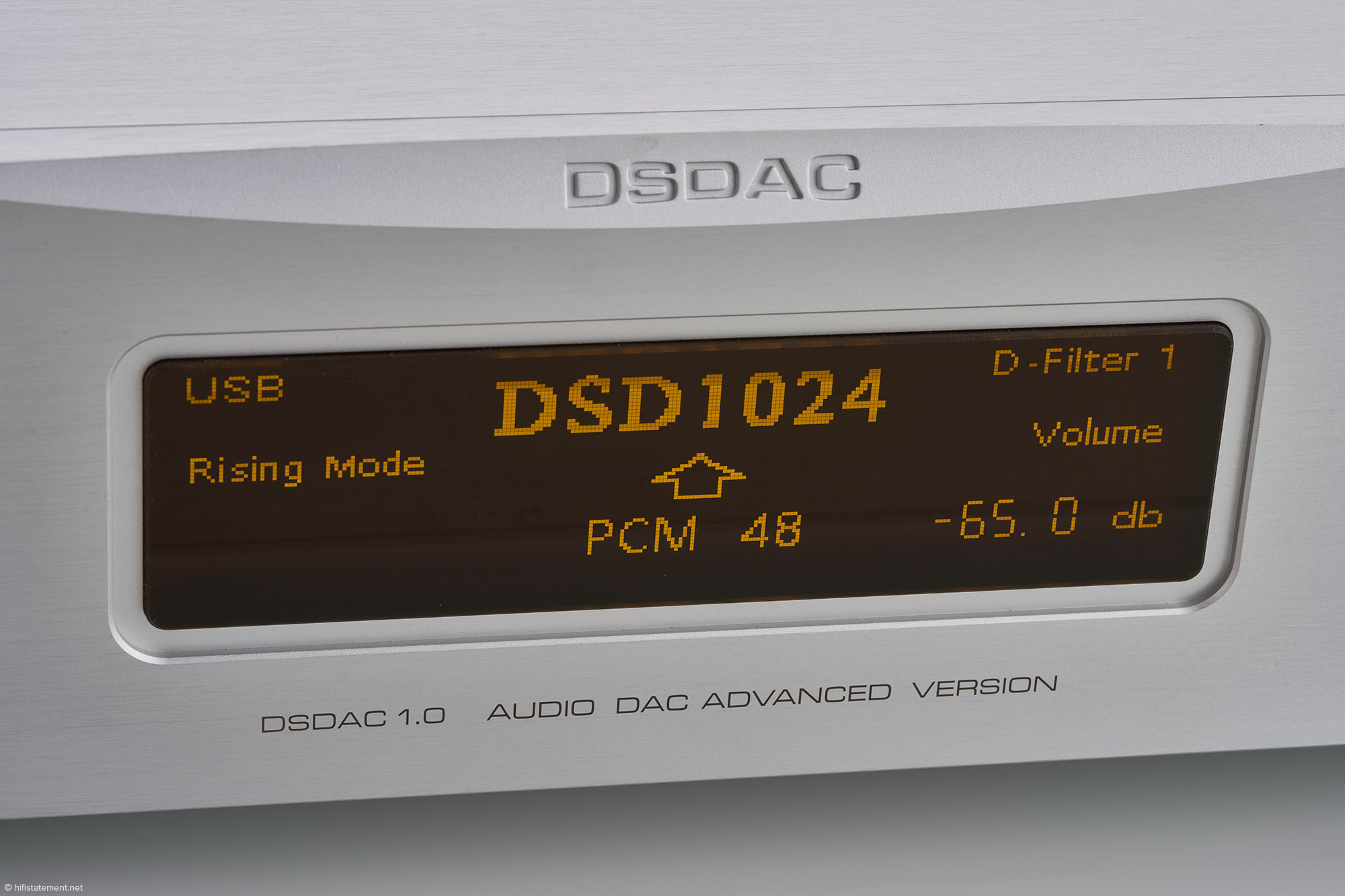 Дисплей информирует о выбранном входе (USB), режиме апсемплинга (Rising), формате источника (PCM 48 килогерц), целевом формате (DSD1024), типе фильтра (1), режиме громкости (Volume) и установленной громкости в децибелах.